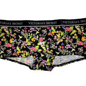 VICTORIA'S SECRET BLACK VICTORIAN FLORAL SHORTIE BOYSHORT PANTY LOGO WAISTBAND M